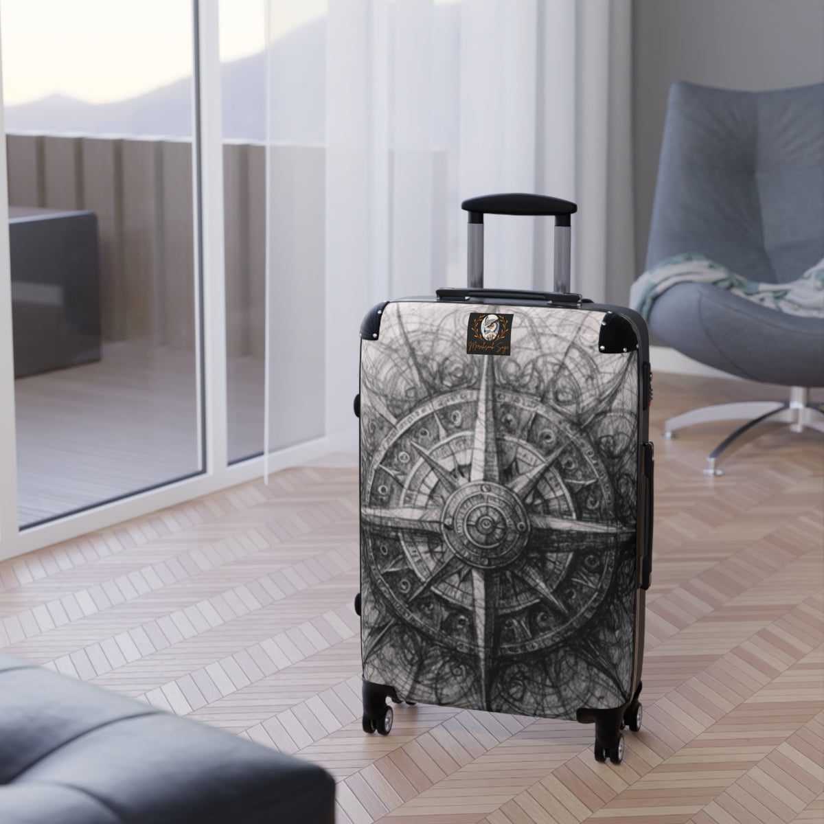 Stylized Illustrated Compass Suitcase