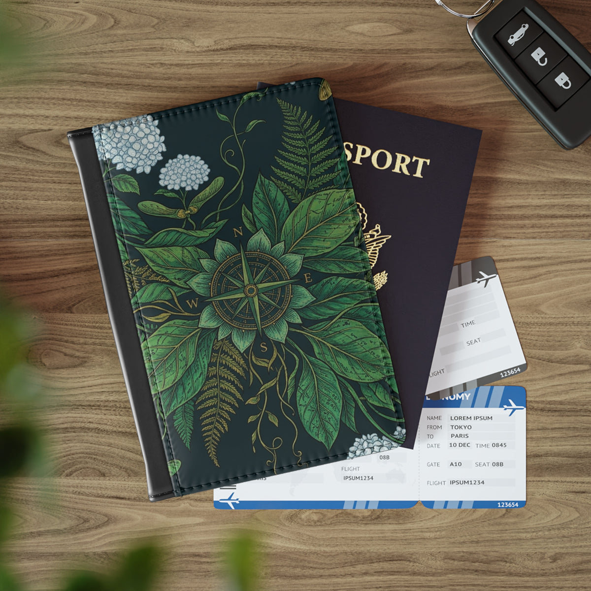 Stylized Compass Botanical Pattern Passport Cover
