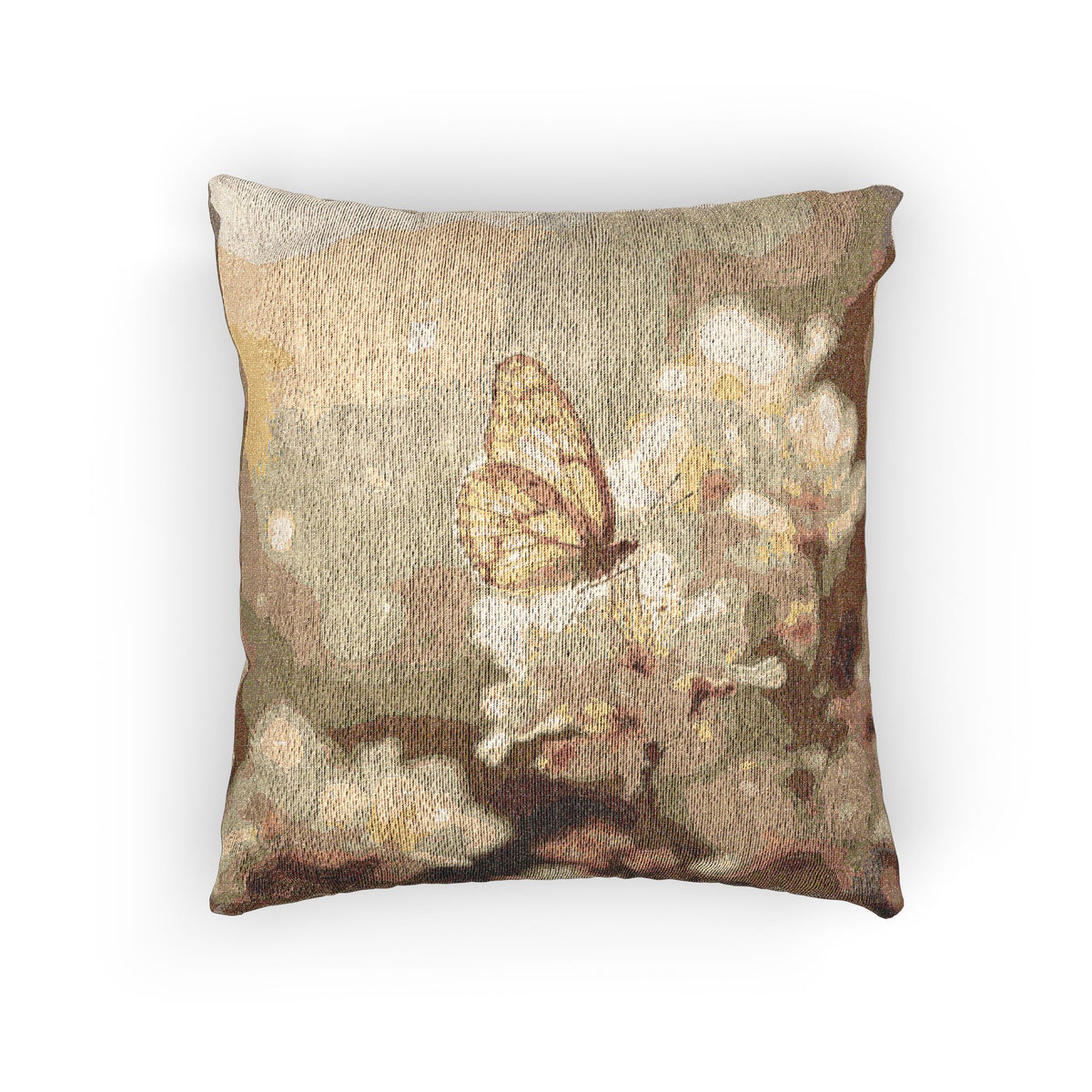 Soft Sepia Butterfly and Blooms Woven Pillow