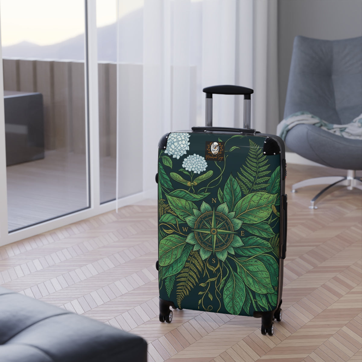 Stylized Compass Botanical Pattern Suitcase
