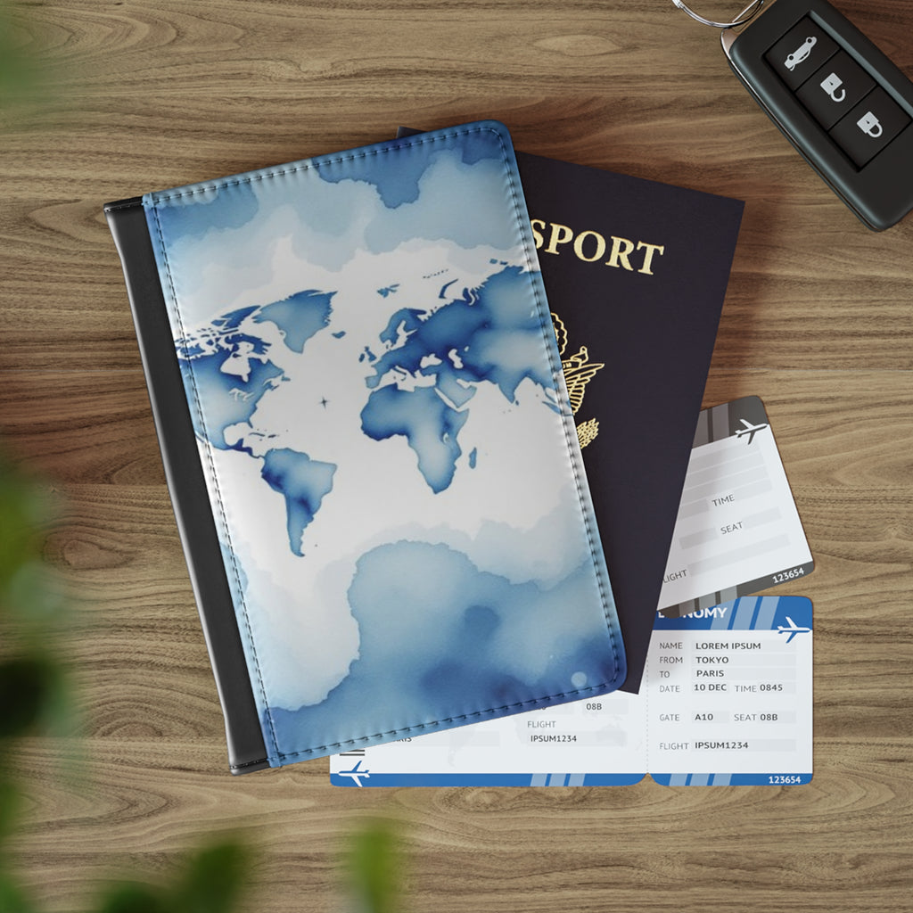 Blue Watercolor Map Passport Cover