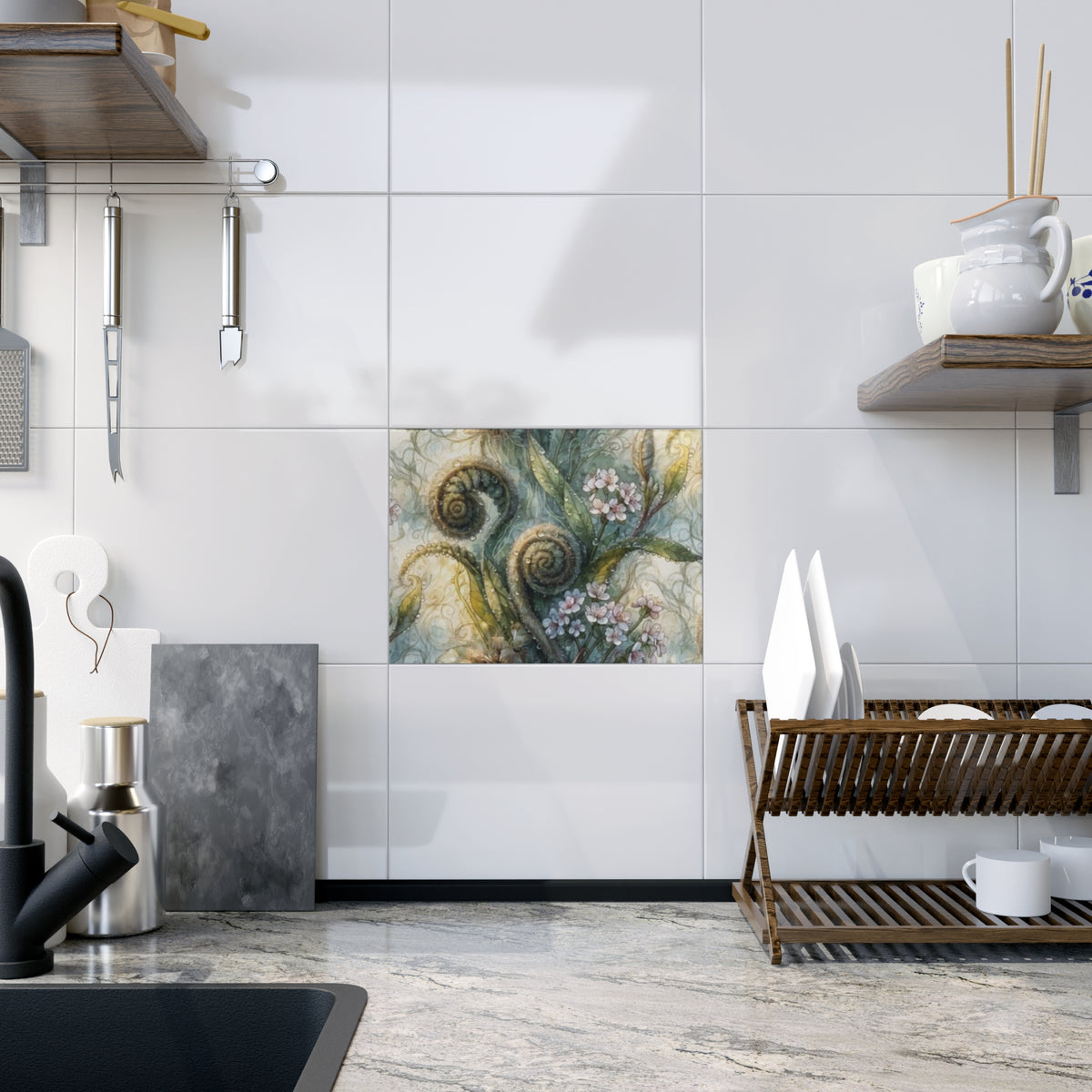 Fern and Flower Botanical Print; Design Accent Ceramic Tile