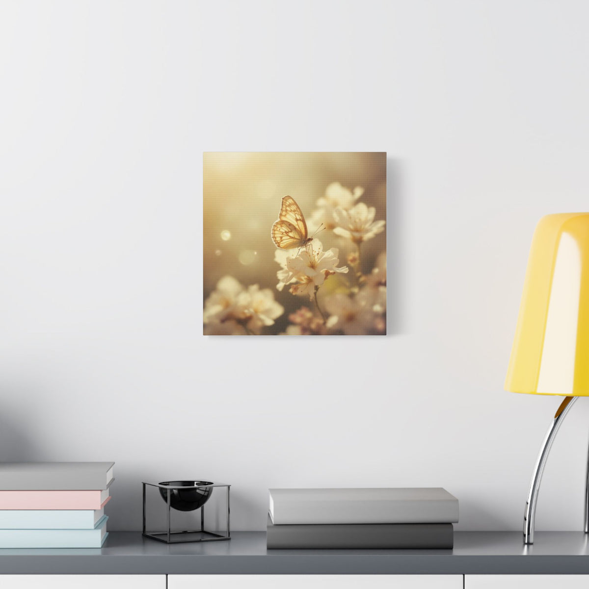 Soft Sepia Butterfly and Bloom Satin Canvas, Stretched