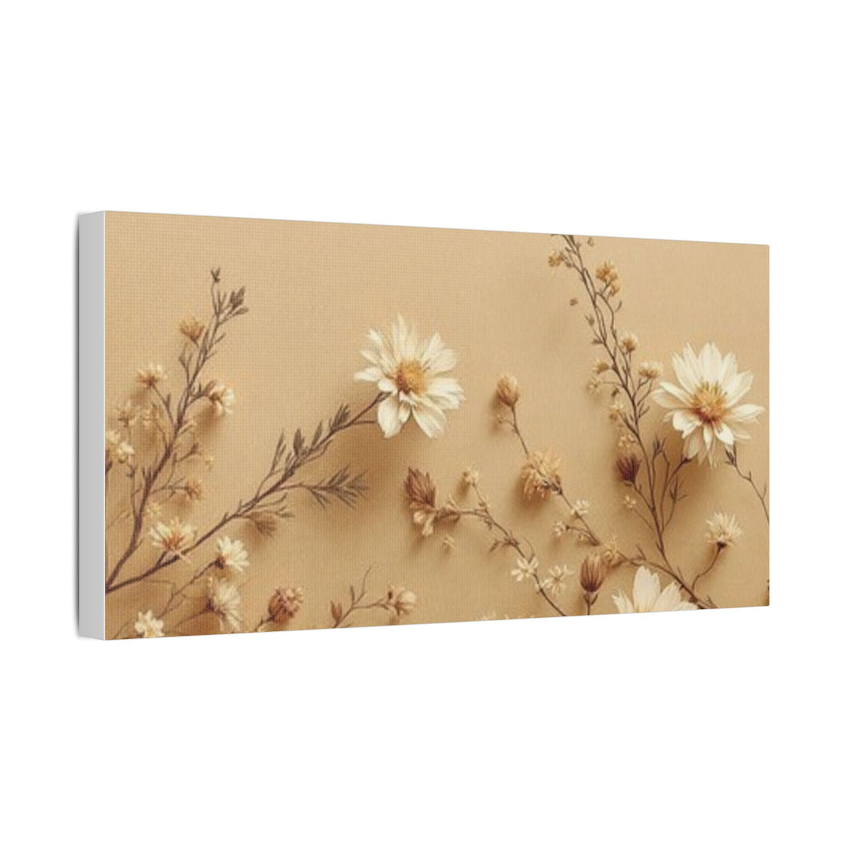 Soft Sepia Botanical Daisies Satin Canvas, Stretched