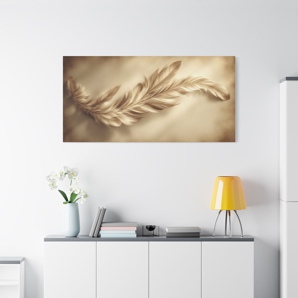 Soft Sepia Wispy Feather Satin Canvas, Stretched