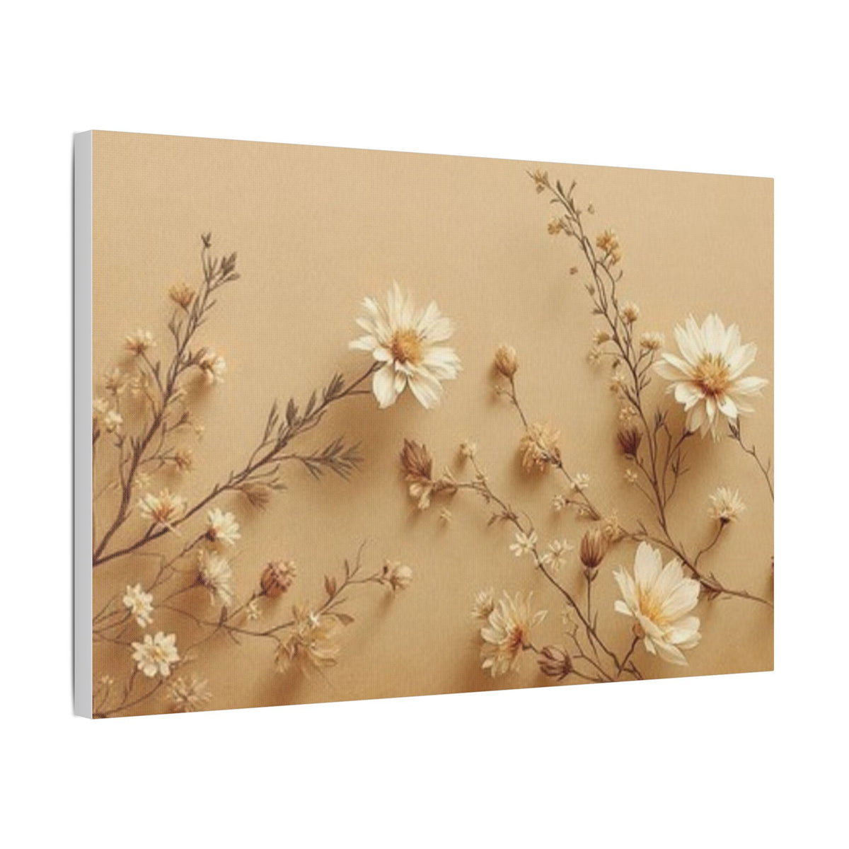 Soft Sepia Botanical Daisies Satin Canvas, Stretched