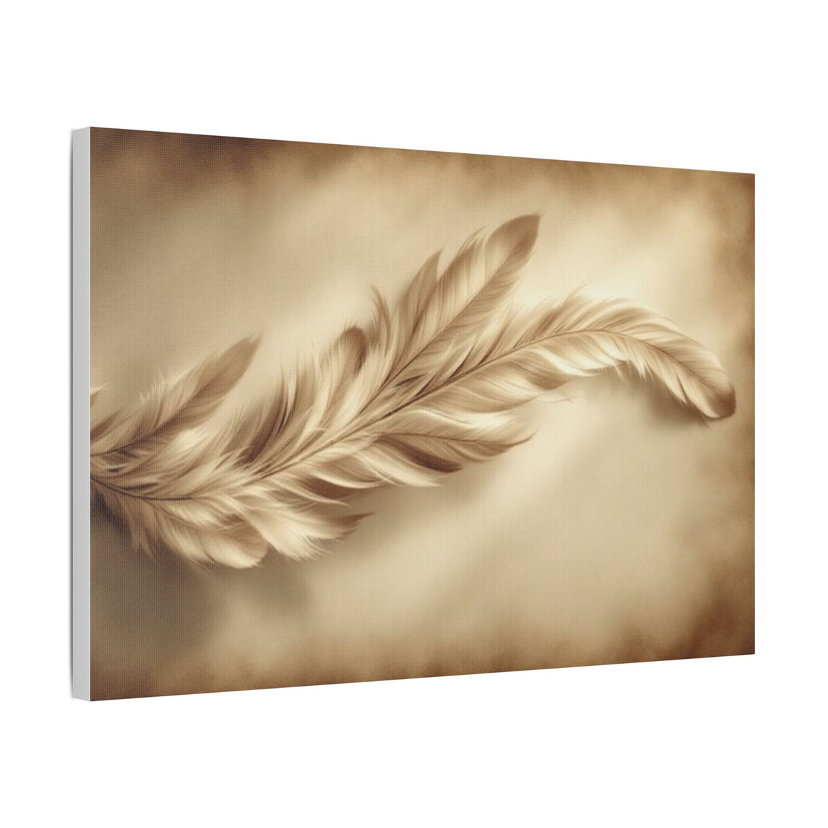 Soft Sepia Wispy Feather Satin Canvas, Stretched