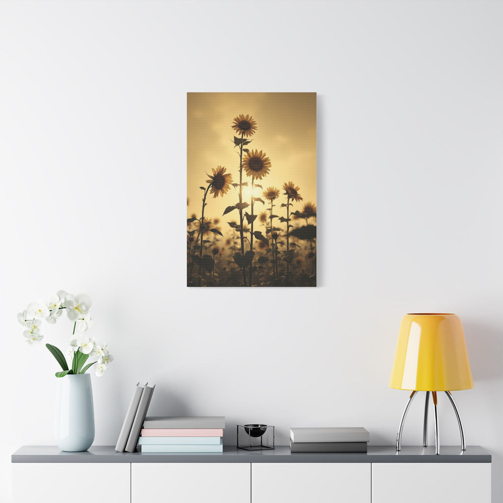 Soft Sepia Sunlit Sunflowers Satin Canvas, Stretched
