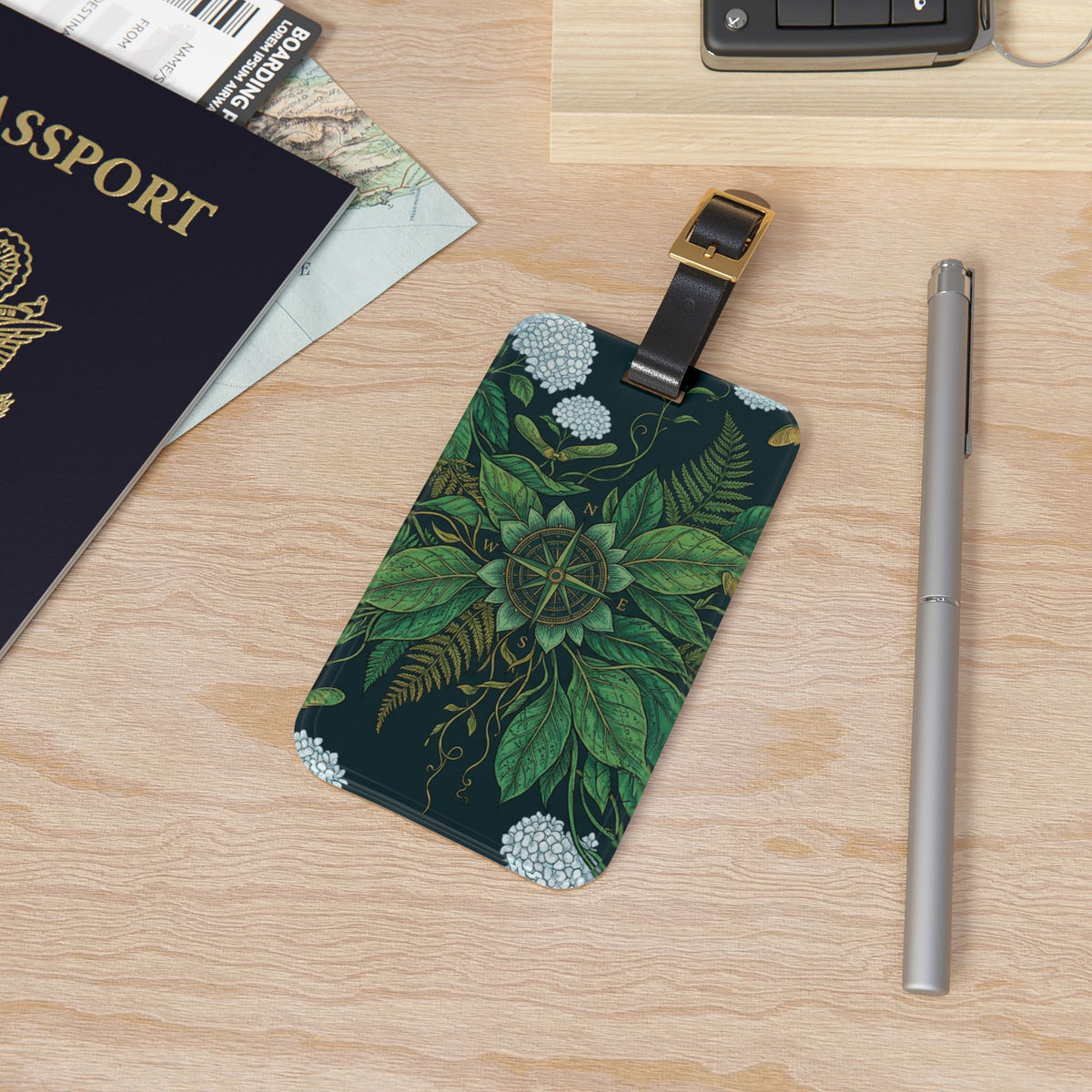 Stylized Compass Botanical Pattern Luggage Tag