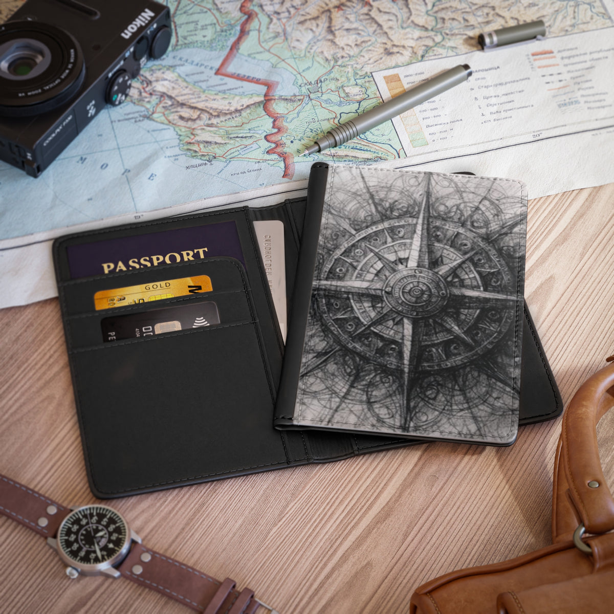 Stylized Illustrated Compass Passport Cover