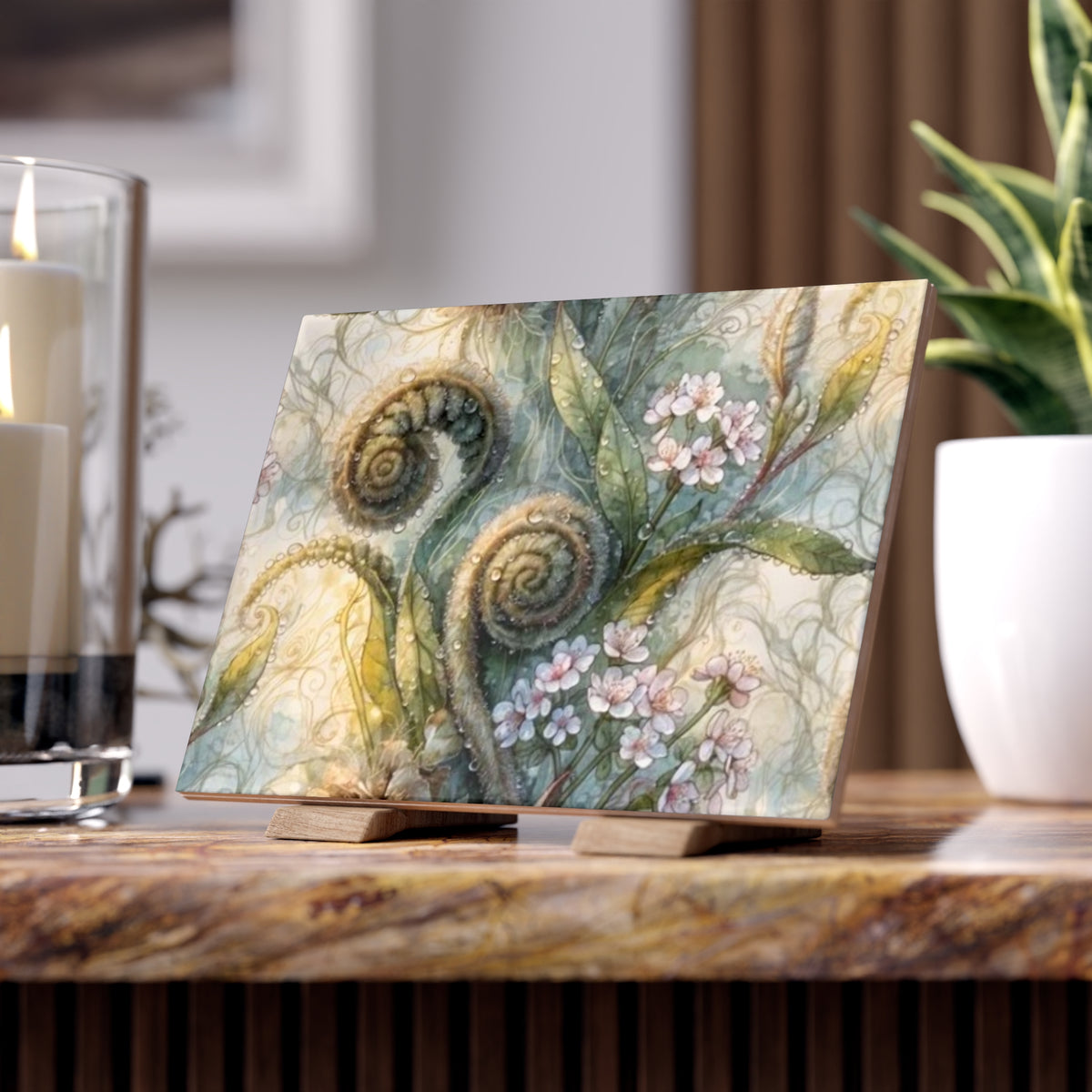 Fern and Flower Botanical Print; Design Accent Ceramic Tile