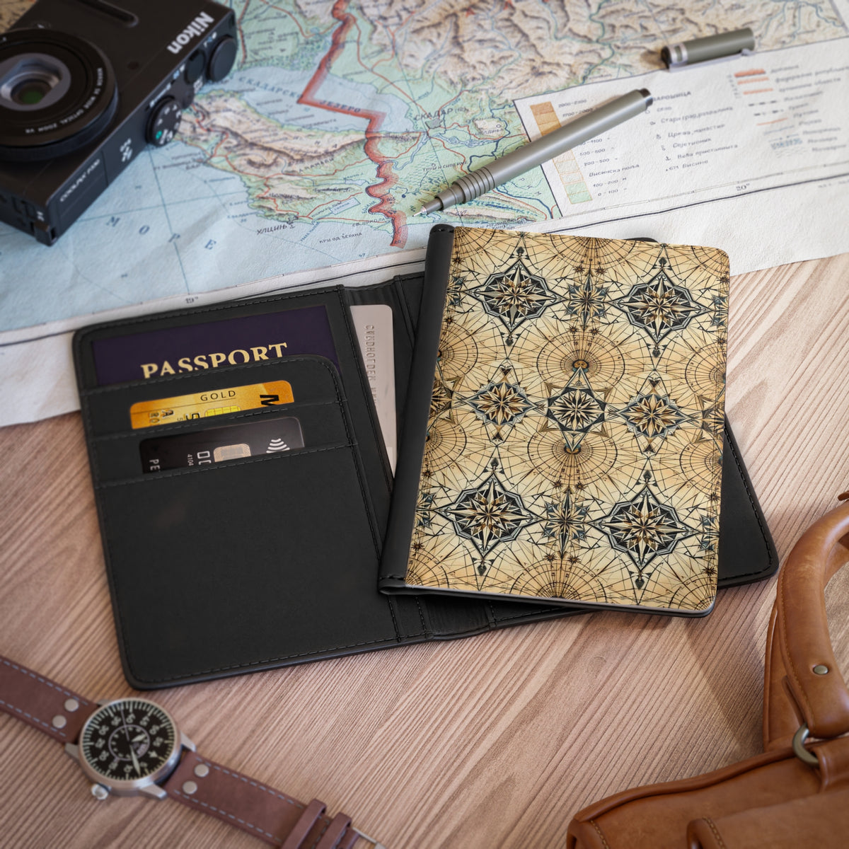 Vintage Compass Pattern Passport Cover
