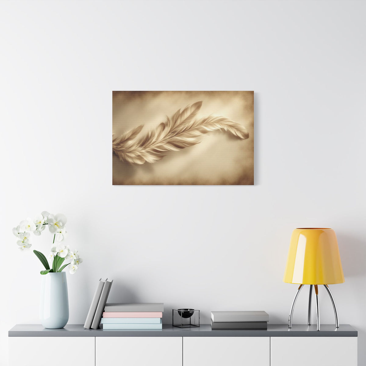 Soft Sepia Wispy Feather Satin Canvas, Stretched