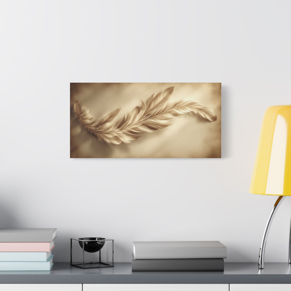 Soft Sepia Wispy Feather Satin Canvas, Stretched