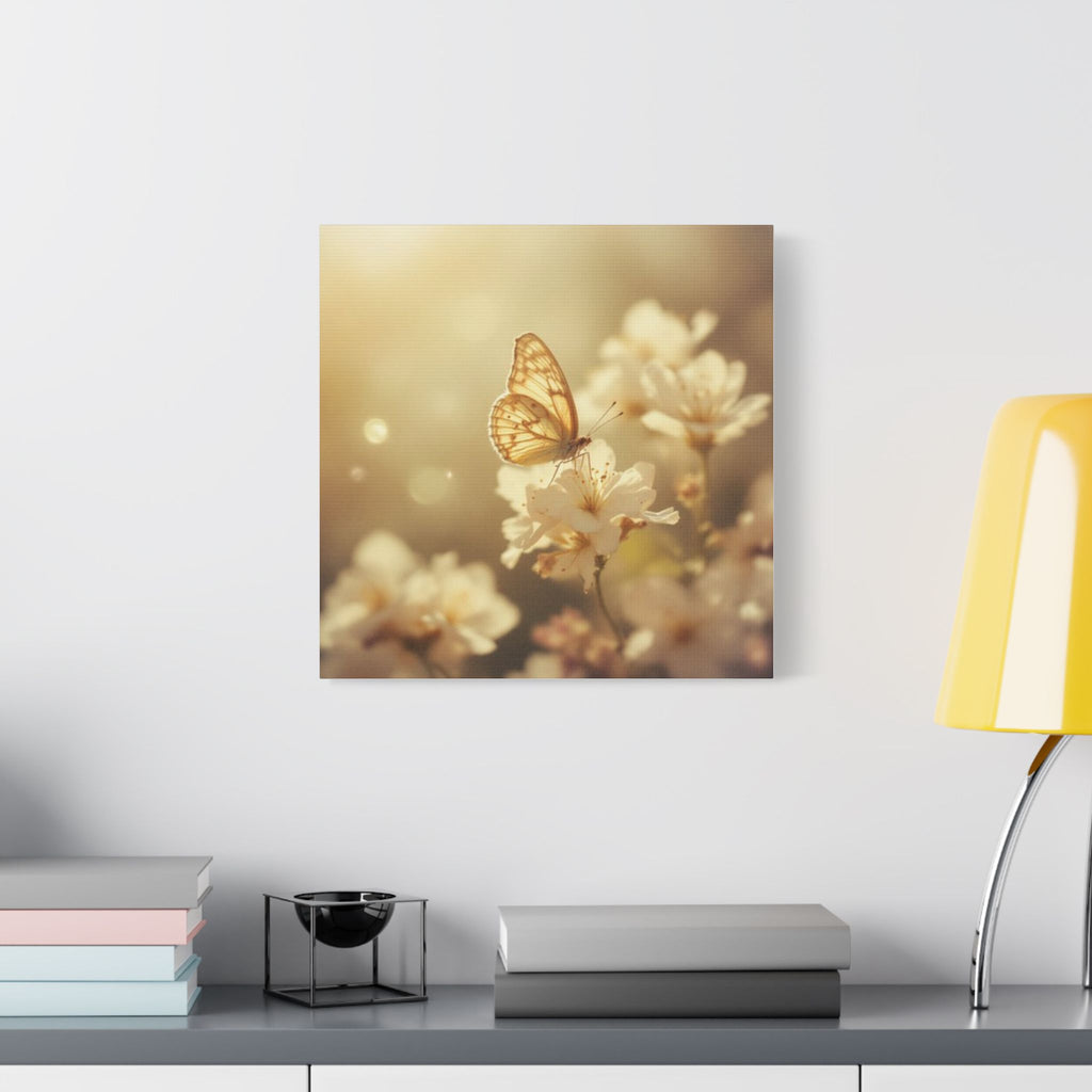 Soft Sepia Butterfly and Bloom Satin Canvas, Stretched
