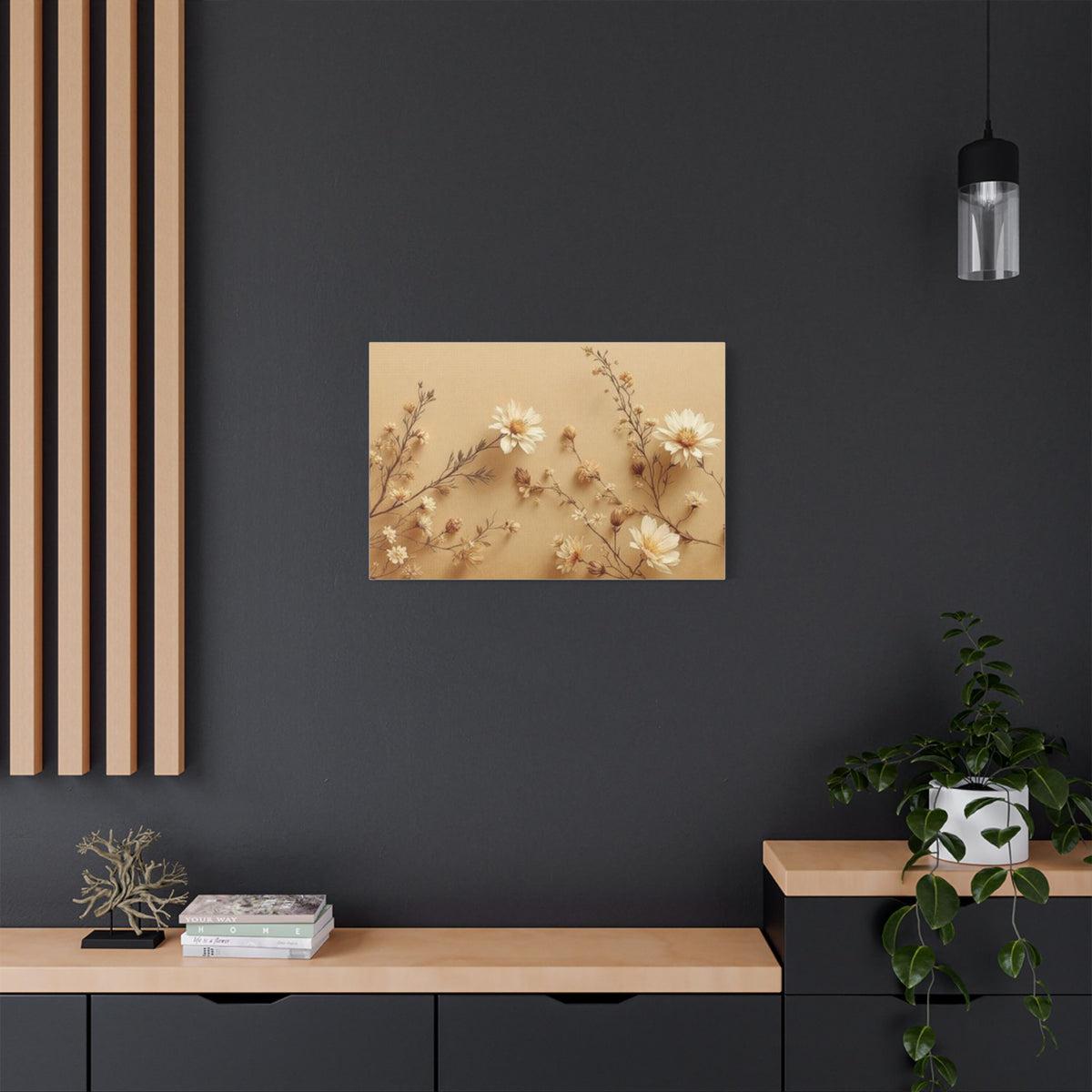Soft Sepia Botanical Daisies Satin Canvas, Stretched