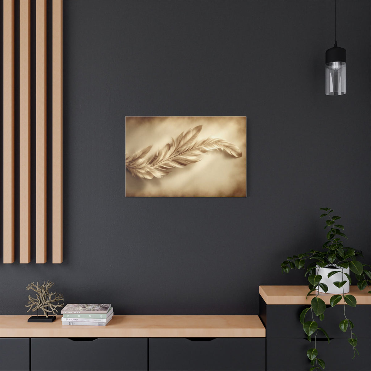 Soft Sepia Wispy Feather Satin Canvas, Stretched
