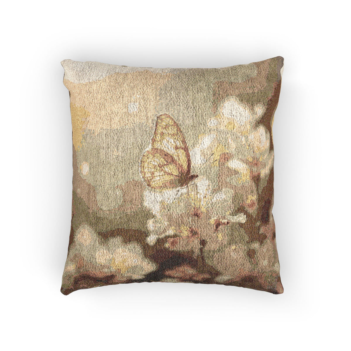 Soft Sepia Butterfly and Blooms Woven Pillow