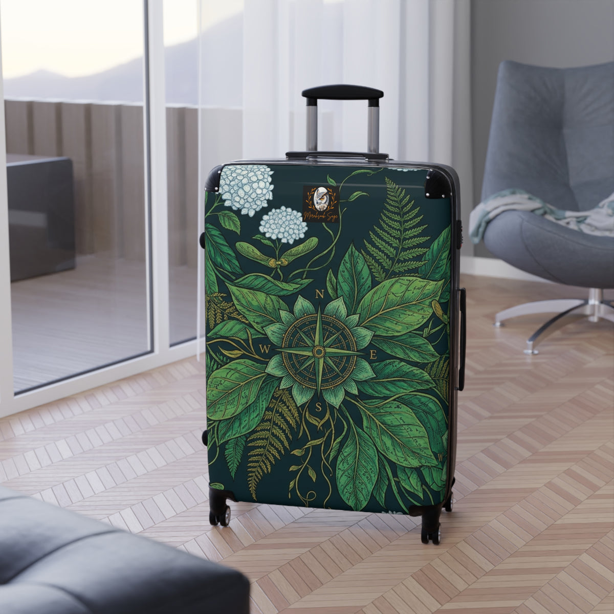 Stylized Compass Botanical Pattern Suitcase