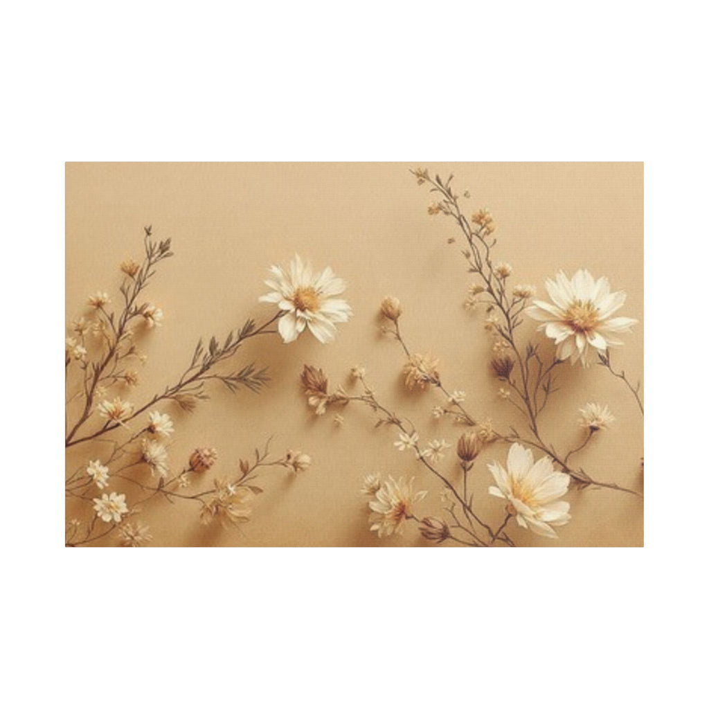 Soft Sepia Botanical Daisies Satin Canvas, Stretched