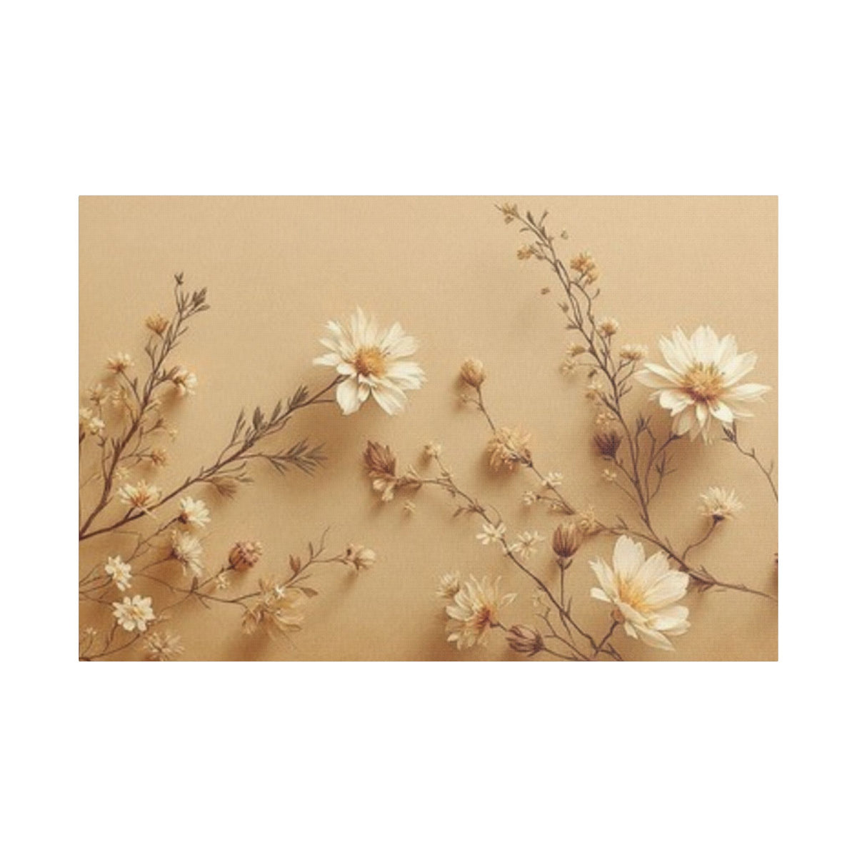 Soft Sepia Botanical Daisies Satin Canvas, Stretched
