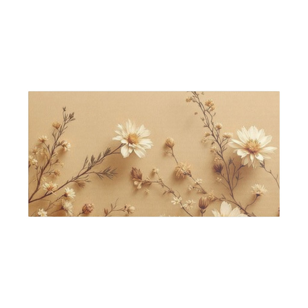 Soft Sepia Botanical Daisies Satin Canvas, Stretched