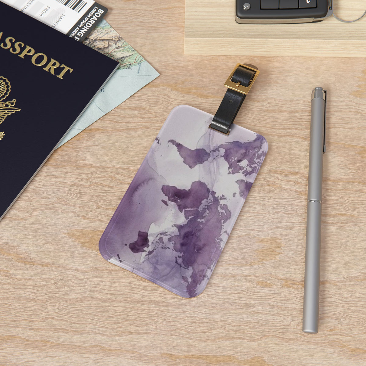 Purple Watercolor Map Luggage Tag