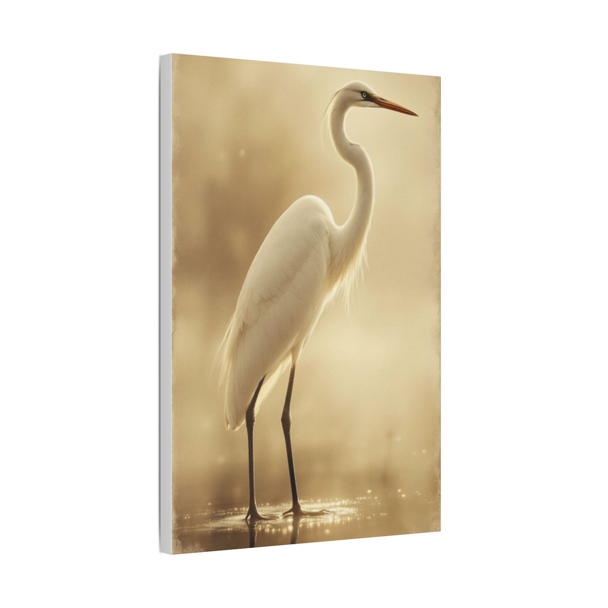 Soft Sepia Great White Heron Satin Canvas, Stretched