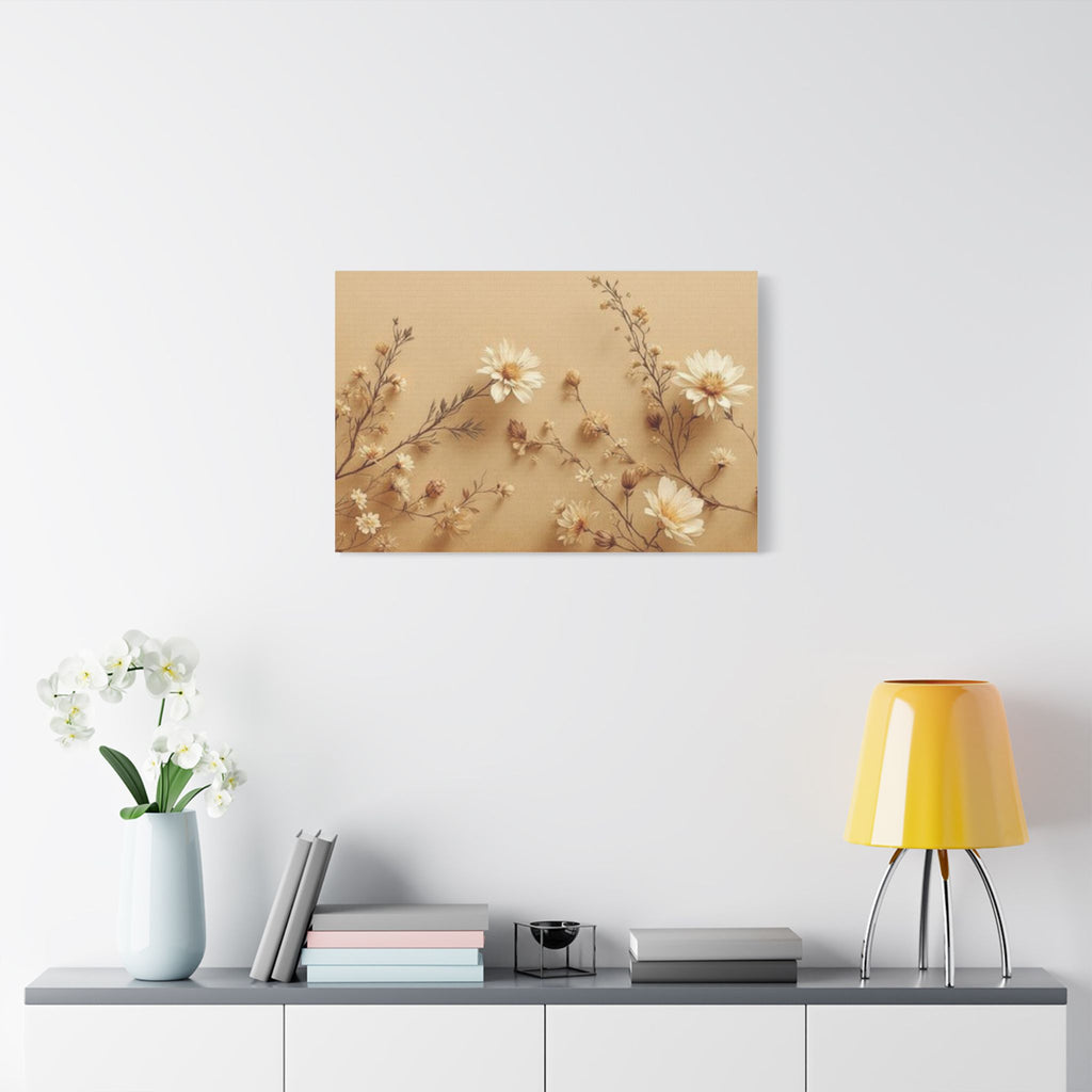 Soft Sepia Botanical Daisies Satin Canvas, Stretched
