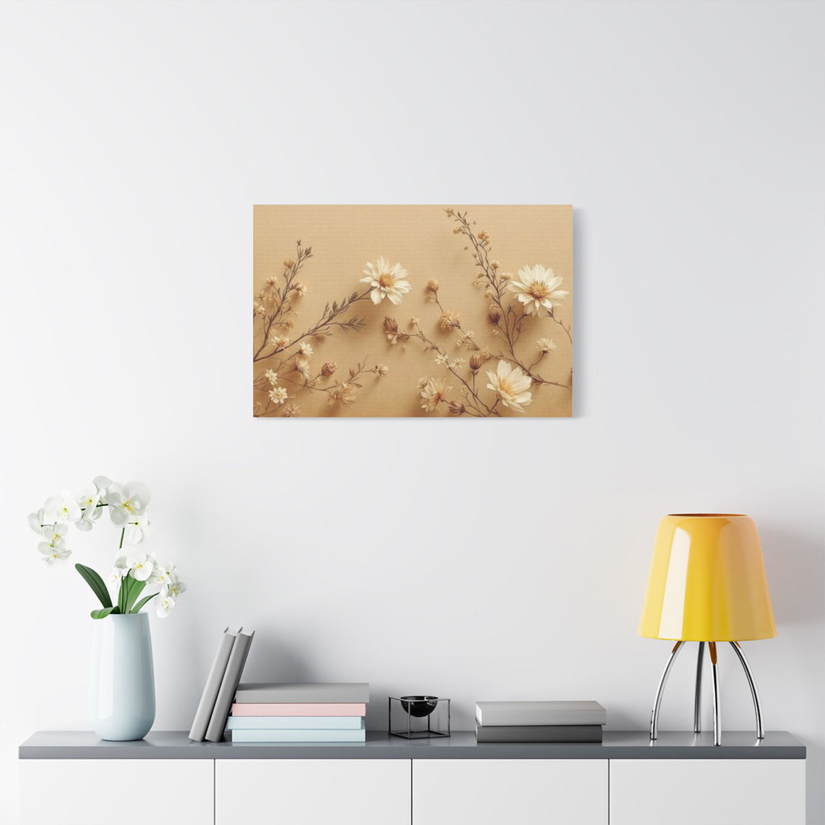 Soft Sepia Botanical Daisies Satin Canvas, Stretched