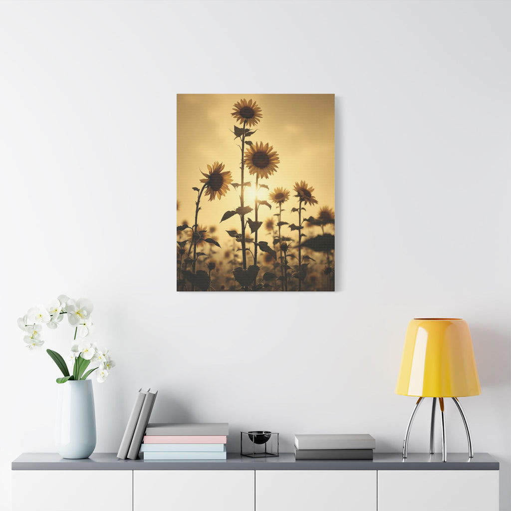 Soft Sepia Sunlit Sunflowers Satin Canvas, Stretched