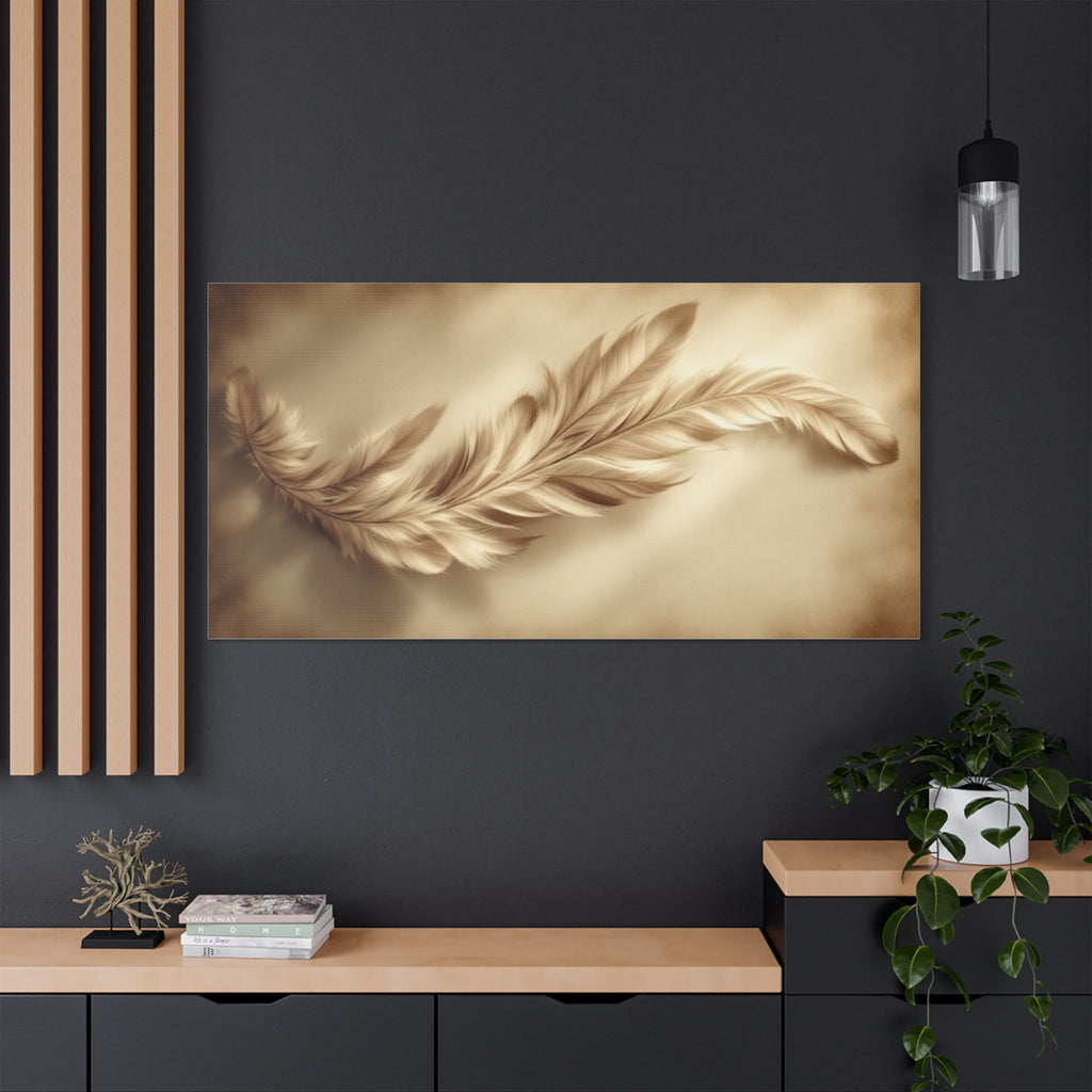 Soft Sepia Wispy Feather Satin Canvas, Stretched