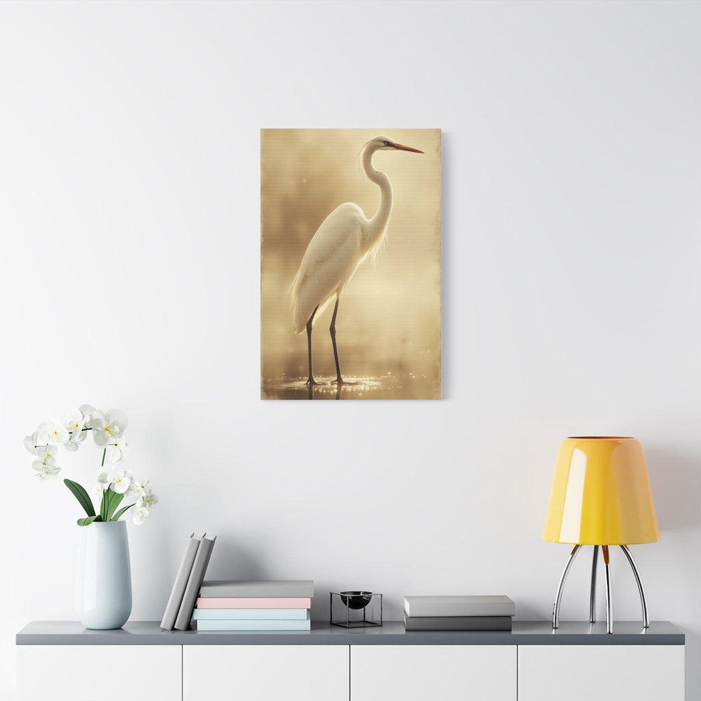 Soft Sepia Great White Heron Satin Canvas, Stretched
