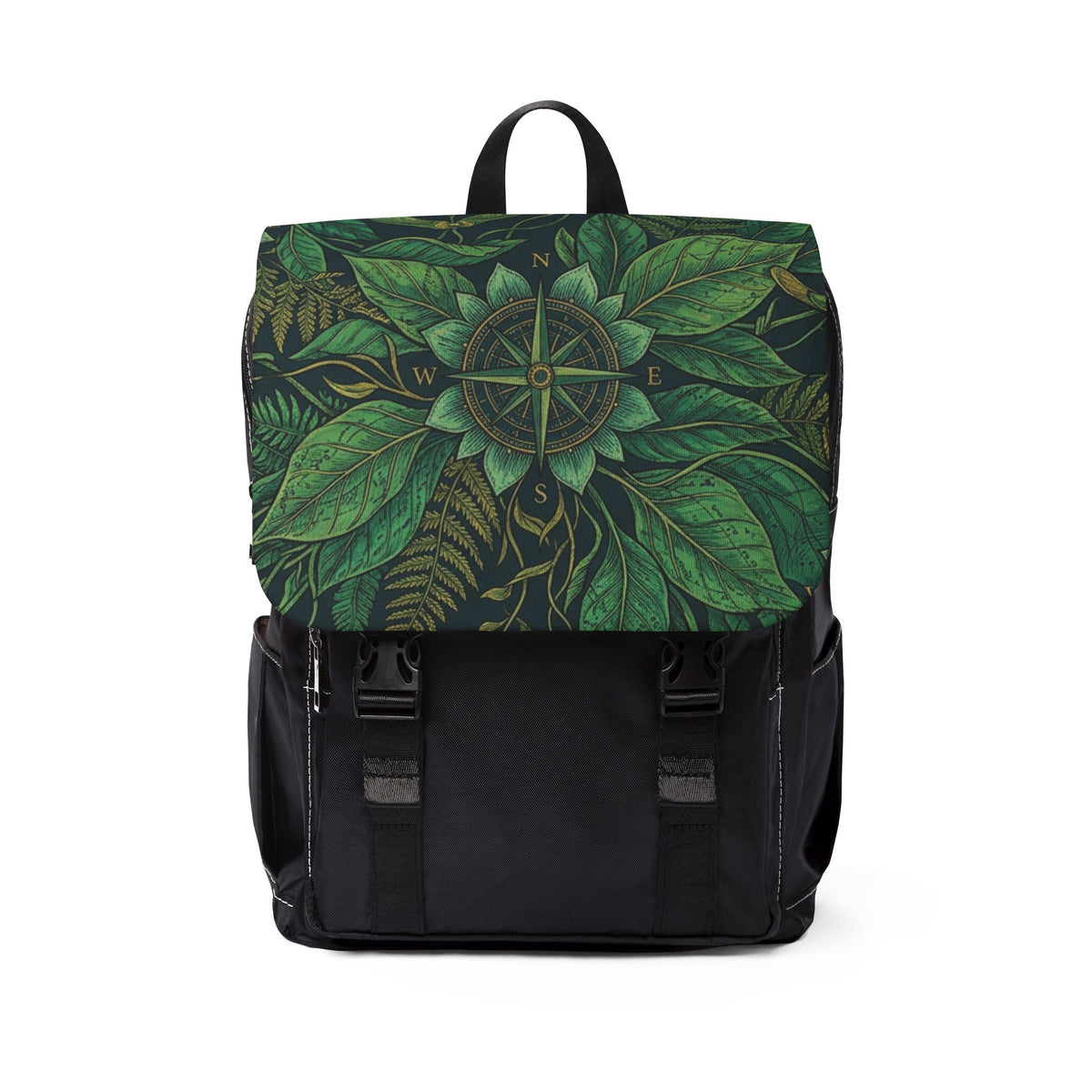 Stylized Compass Botanical Pattern Oxford Canvas Backpack