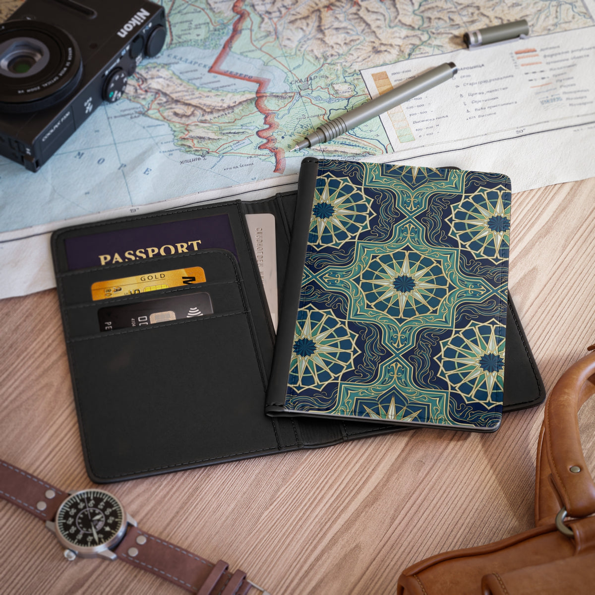 Ocean Tones Stylized Compass Passport Cover