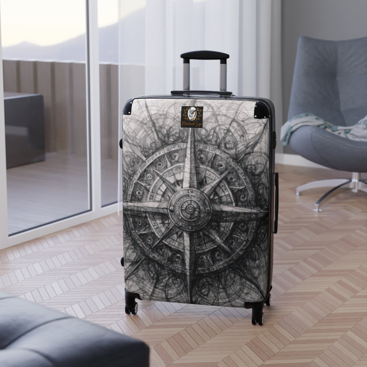 Stylized Illustrated Compass Suitcase