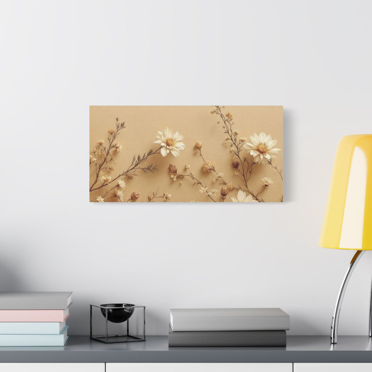 Soft Sepia Botanical Daisies Satin Canvas, Stretched