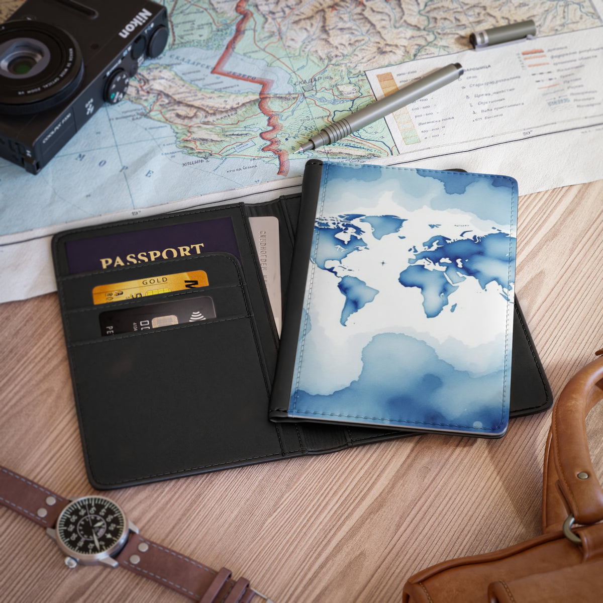 Blue Watercolor Map Passport Cover