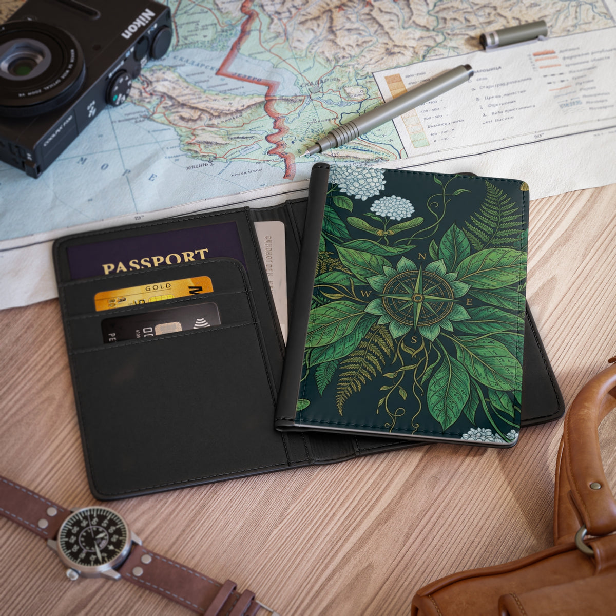 Stylized Compass Botanical Pattern Passport Cover