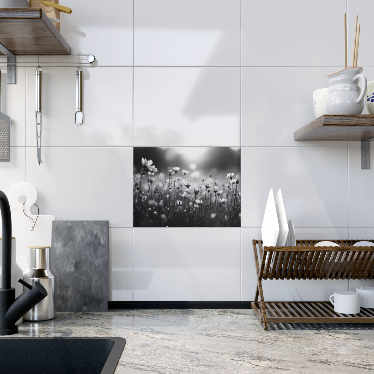 Black and White Floral Print; Design Accent Ceramic Tile